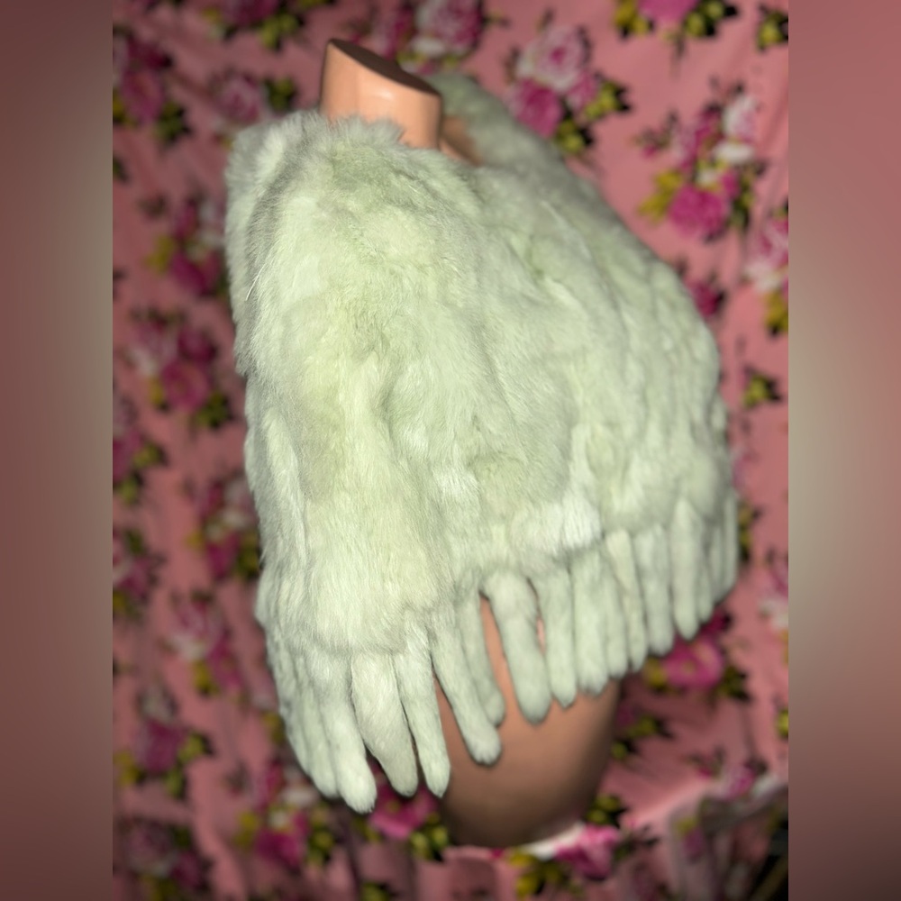 Mint green pastel Bunny fur rabbit tail gypsy glam doll coat jacket cape poncho - Picture 2 of 5